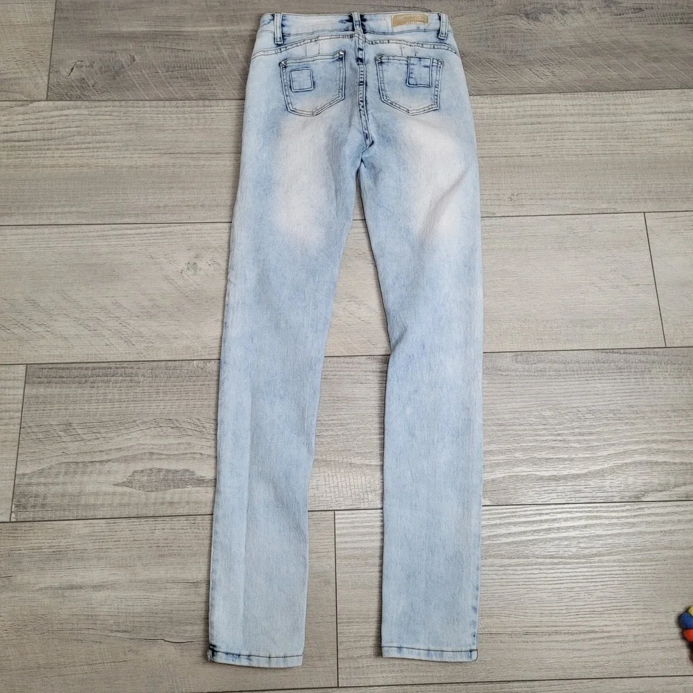 🔥Rebel Love Womens Skinny‎ Jeans 5/6 Distressed Blue Denim Y2K Retro Patches
